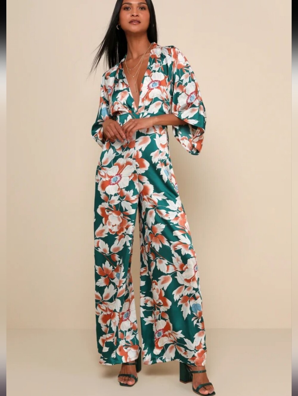 Lulus From Sunrise Teal Floral Print Wide Leg Jumpsuit New With Tags